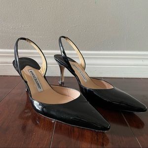 Authentic Manolo Blahnik Carolyne Patent Leather Slingback Shoes.